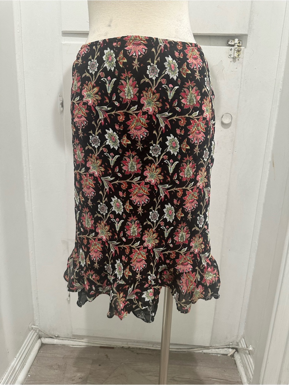 Floral Ruffle Hem Black Skirt with Pink & Green Accents